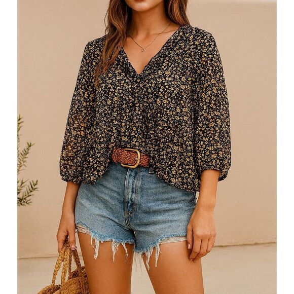 aemi+co Tops - Aemi+Co Womens Black Floral Ruffled Puffy Sheer Babydoll Blouse sz S Boho Dainty